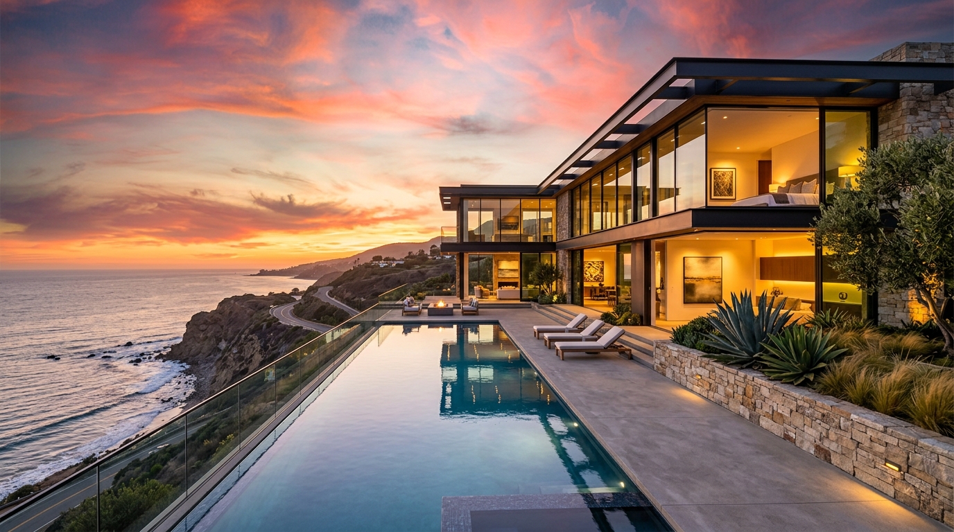 Luxury oceanfront mansion at golden hour